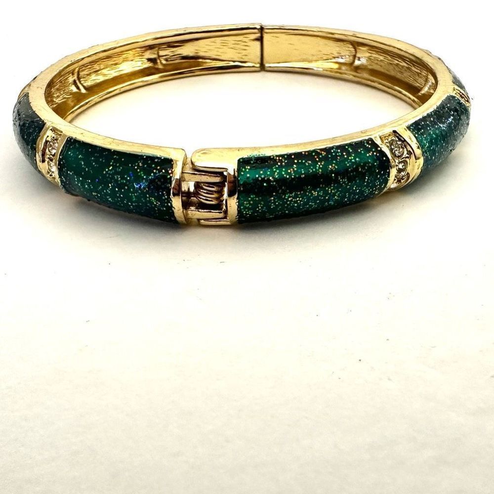 Green gold tone rhinestone enamel hinged bracelet